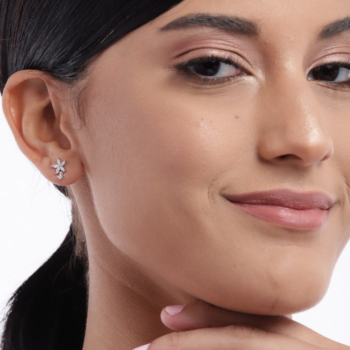 Five Petal CZ Star Rhodium Plated 925 Silver Stud Earrings