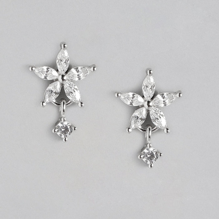 Five Petal CZ Star Rhodium Plated 925 Silver Stud Earrings