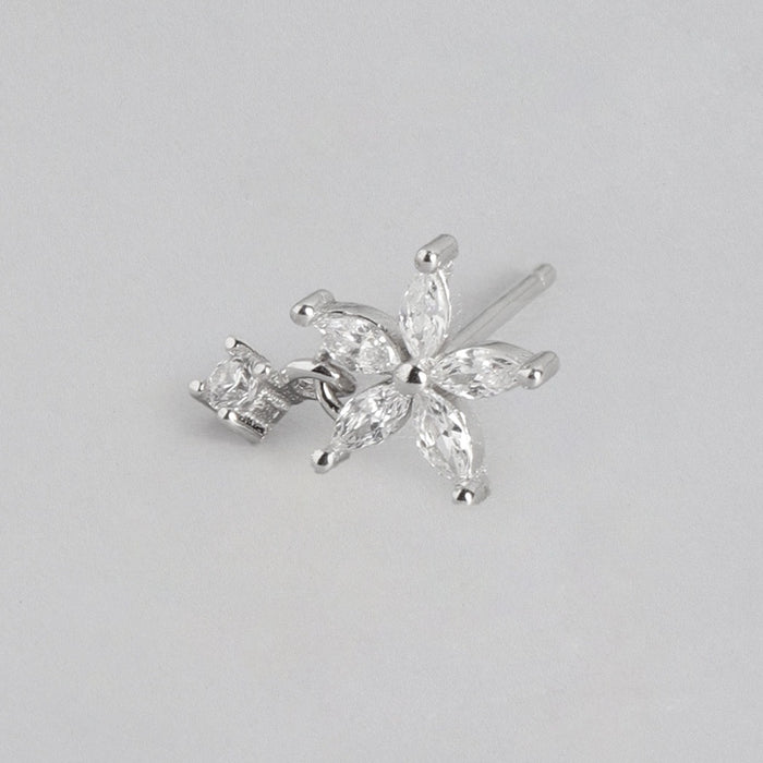 Five Petal CZ Star Rhodium Plated 925 Silver Stud Earrings