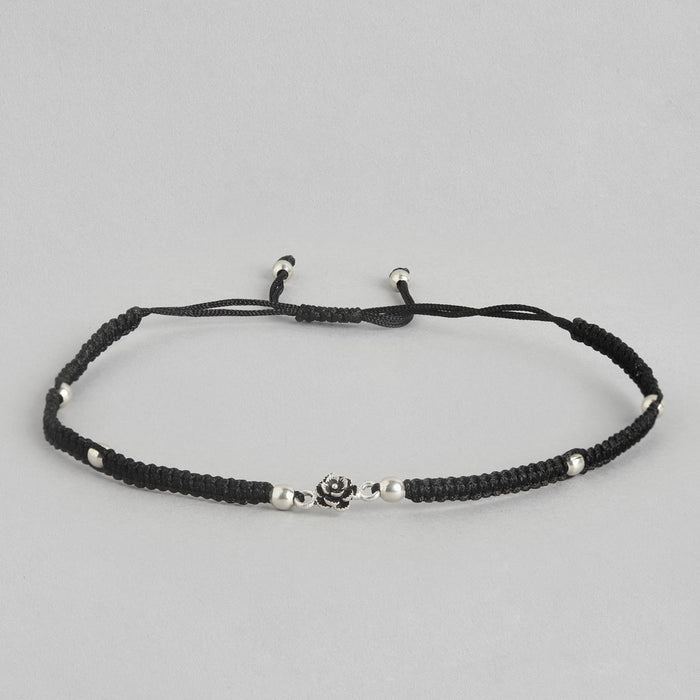 Floral Beads Rhodium Plated 925 Sterling Silver Thread Anklet