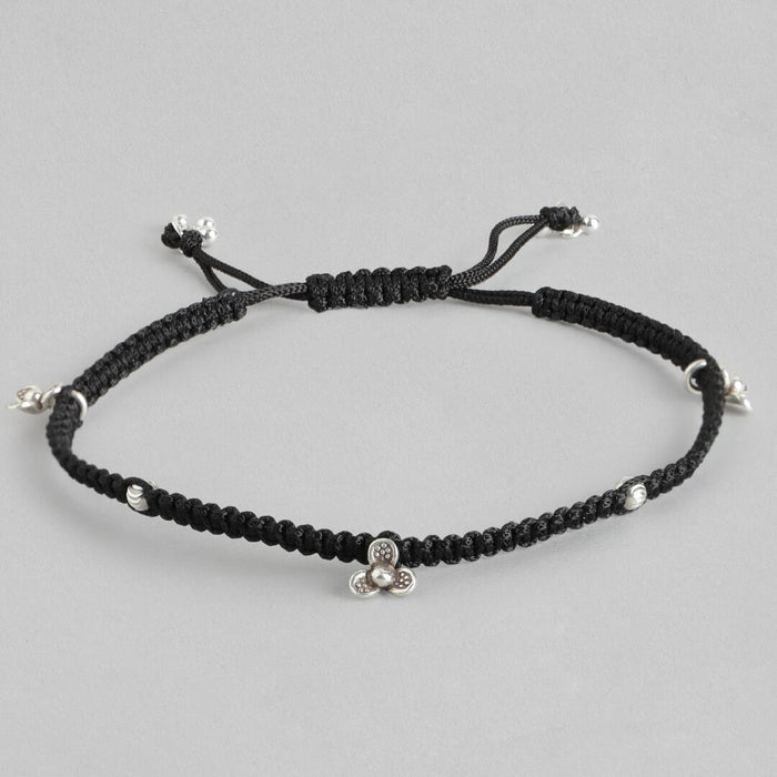 Floral Black 925 Sterling Silver Rhodium-Plated Thread Anklet