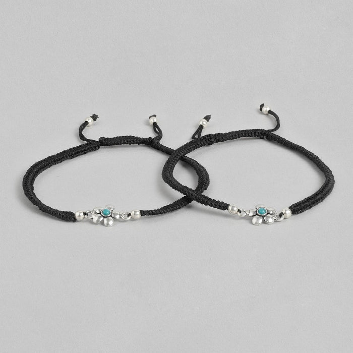 Floral Blue Rhodium Plated 925 Sterling Silver Thread Anklet