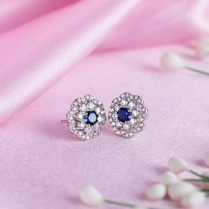 Floral Blue Stone Studded 925 Sterling Silver Stud Earrings