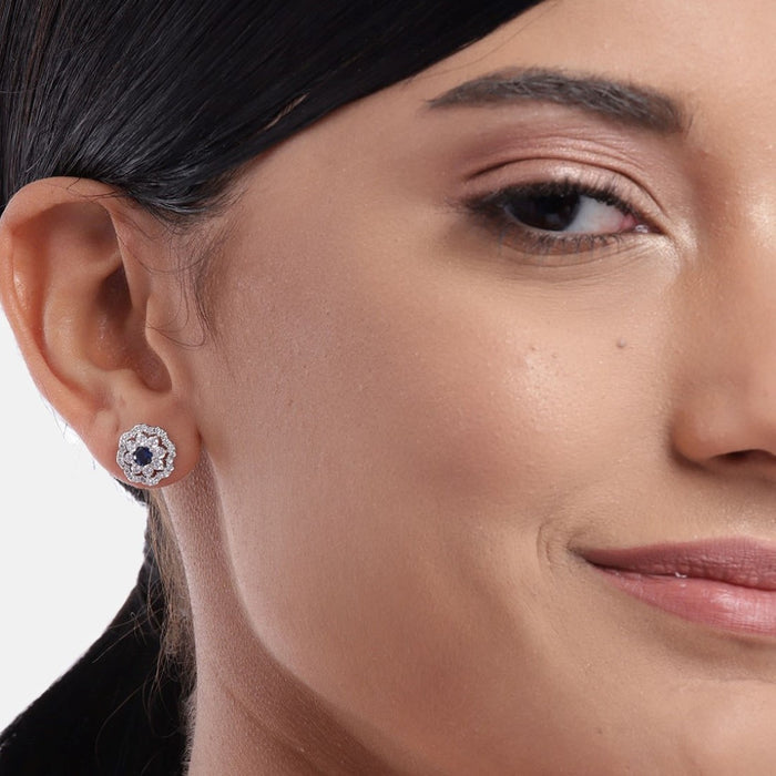 Floral Blue Stone Studded 925 Sterling Silver Stud Earrings