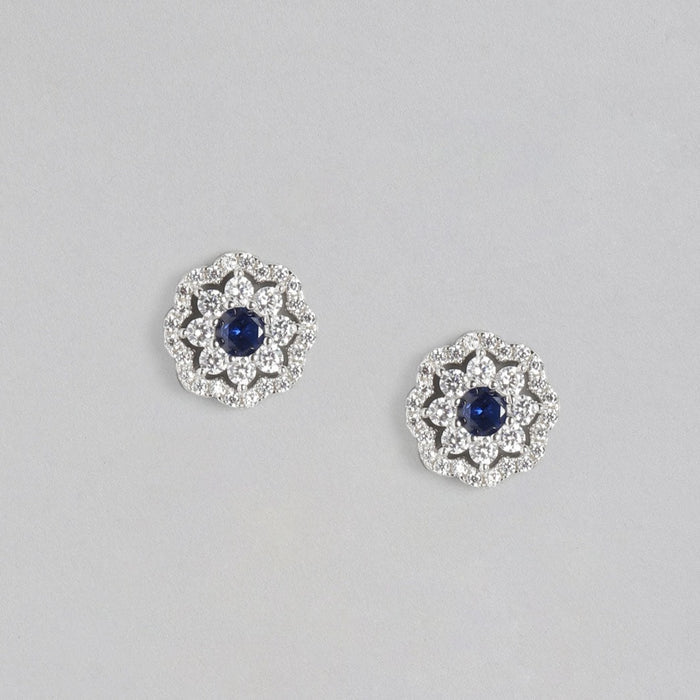 Floral Blue Stone Studded 925 Sterling Silver Stud Earrings