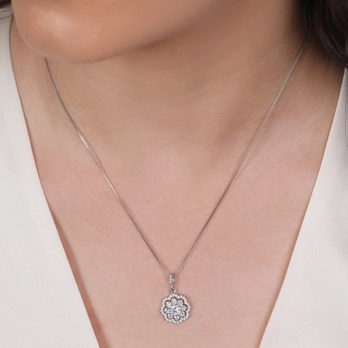 Floral Brilliance Rhodium Plated 925 Sterling Silver Pendant