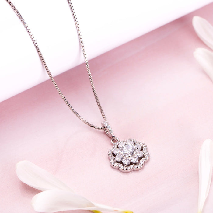 Floral Brilliance Rhodium Plated 925 Sterling Silver Pendant