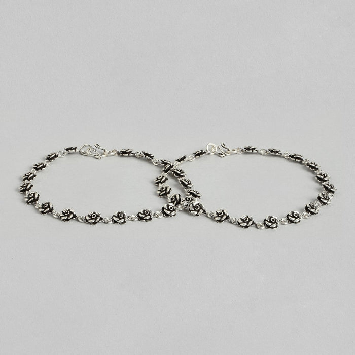 Two floral 925 Sterling Silver anklets for women featuring a rose chain design. Fine silver jewellery – Zavya