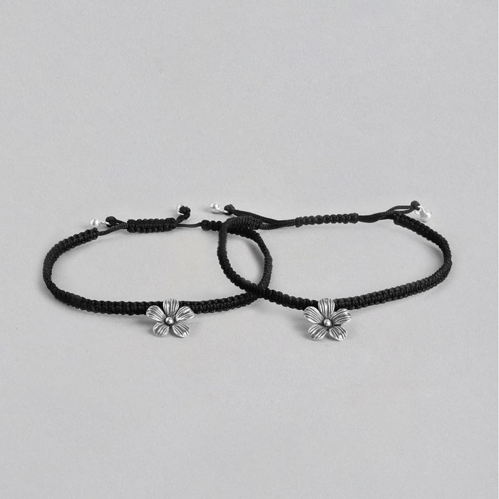 Floral Charm 925 Silver Black Thread Anklet