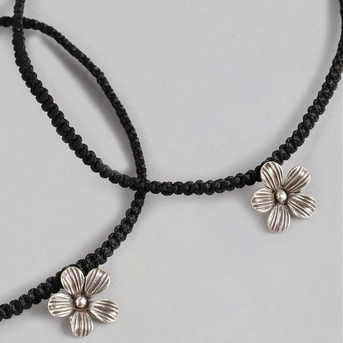 Floral Charm 925 Silver Black Thread Anklet