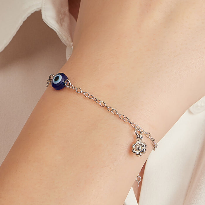 Floral Charm Evil Eye 925 Silver Bracelet