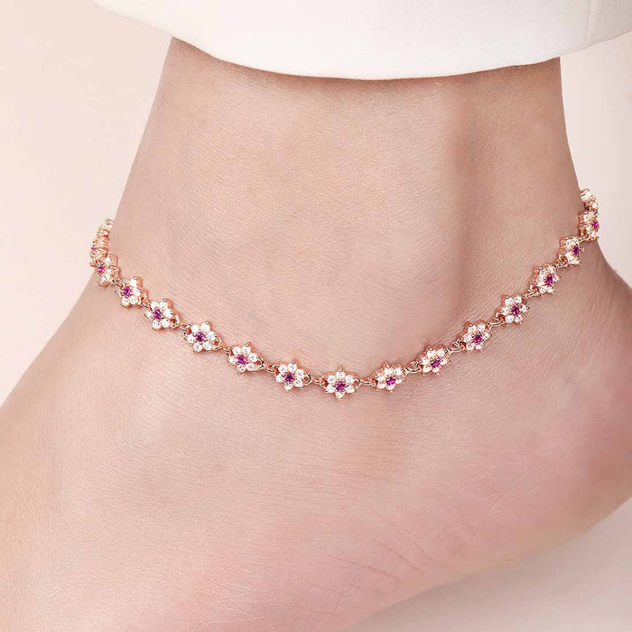 Rose gold 925 Sterling Silver floral anklet for women with pink cubic zirconia on an ankle – Zavya