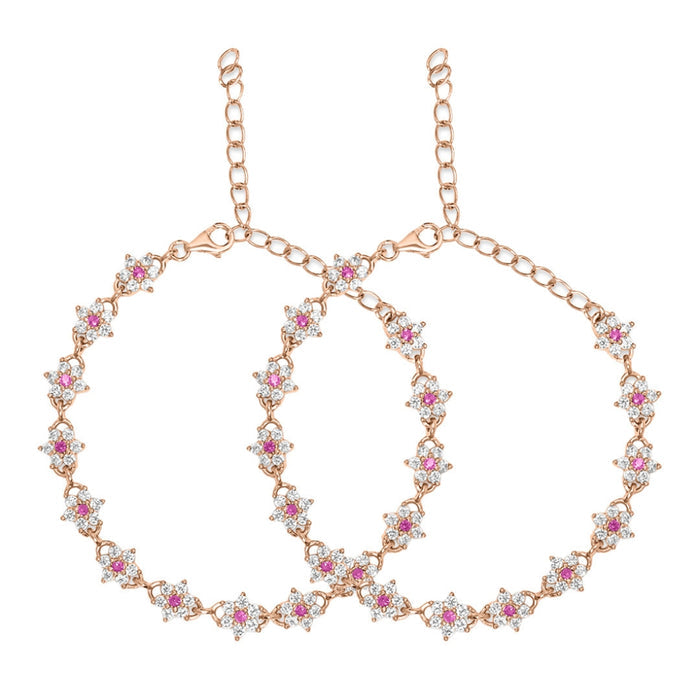 Two rose gold plated 925 Sterling Silver floral anklets for women with pink cubic zirconia – Zavya