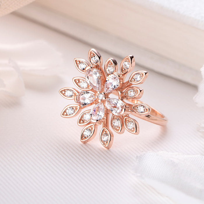 Floral Cubic Zirconia Rose Gold Plated 925 Sterling Silver Ring (Onesize)