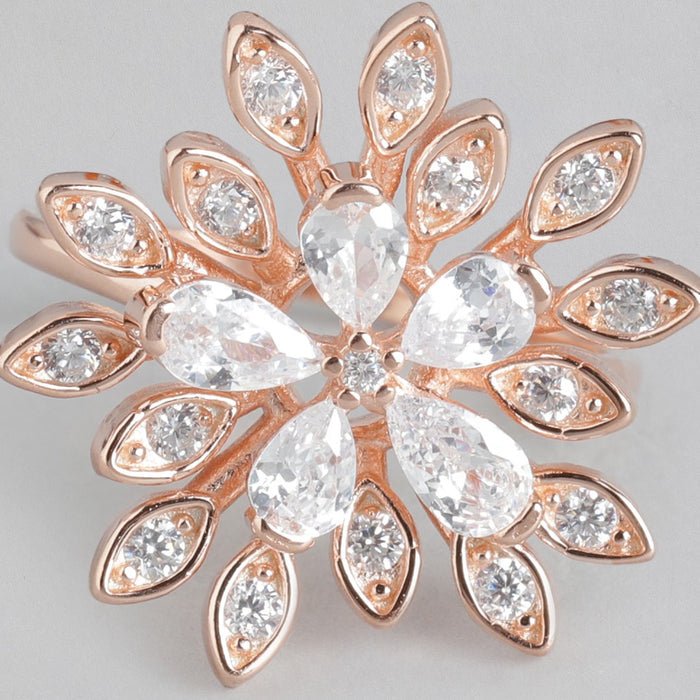 Floral Cubic Zirconia Rose Gold Plated 925 Sterling Silver Ring (Onesize)