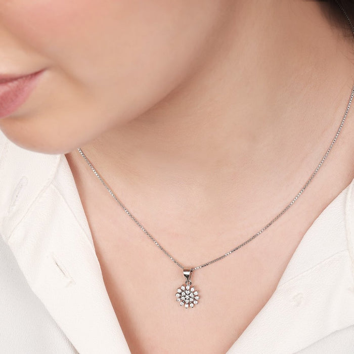 Floral CZ Radiant Elegance Rhodium-Plated 925 Sterling Silver Pendant with Chain