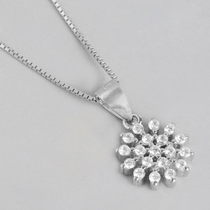 Floral CZ Radiant Elegance Rhodium-Plated 925 Sterling Silver Pendant with Chain
