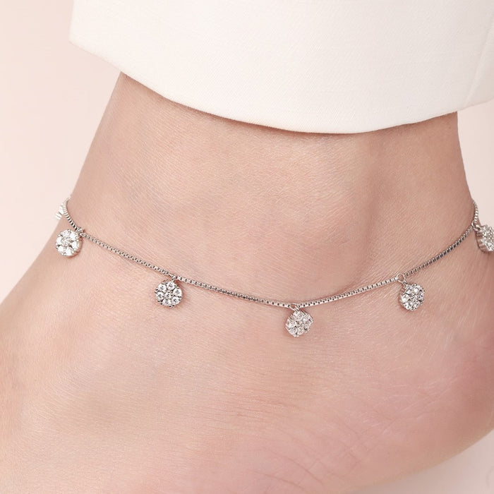 Floral CZ Rhodium Plated 925 Sterling Silver Anklet