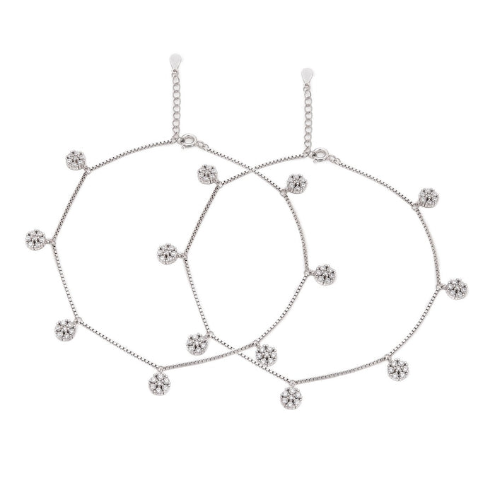 Floral CZ Rhodium Plated 925 Sterling Silver Anklet