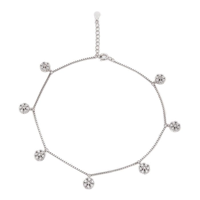 Floral CZ Rhodium Plated 925 Sterling Silver Anklet