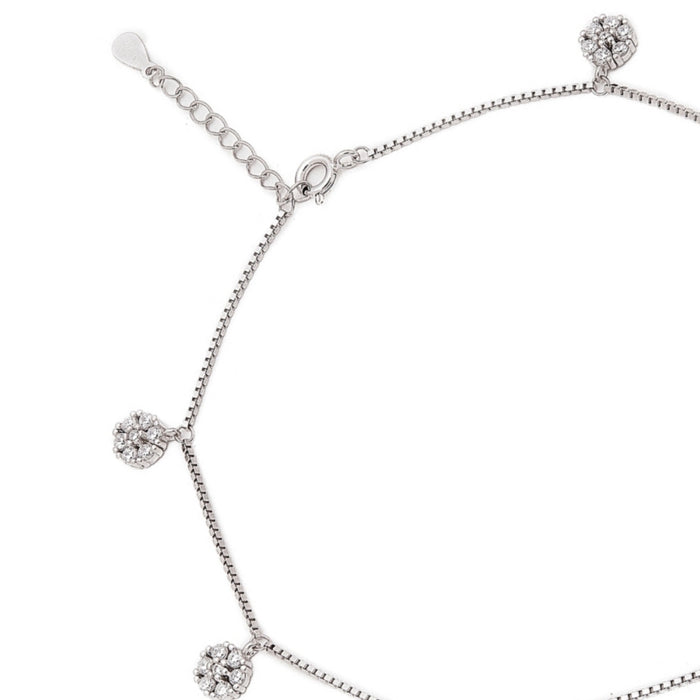 Floral CZ Rhodium Plated 925 Sterling Silver Anklet