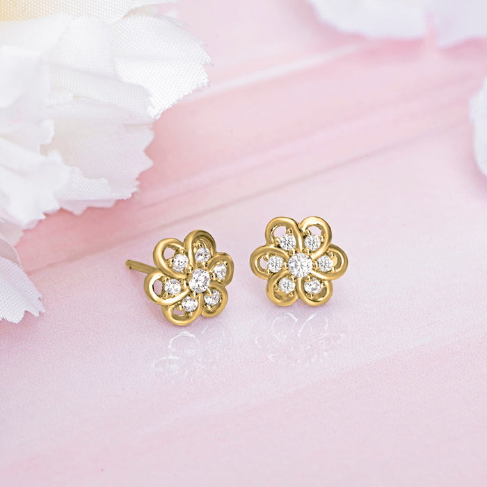 Floral CZ Studded Gold Plated 925 Sterling Silver Studs