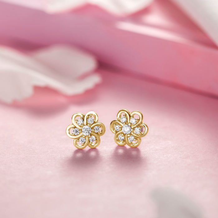 Floral CZ Studded Gold Plated 925 Sterling Silver Studs