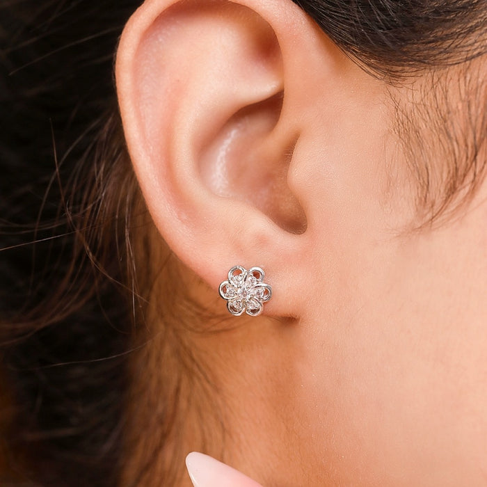 Floral CZ Studded Rhodium Plated 925 Sterling Silver Stud
