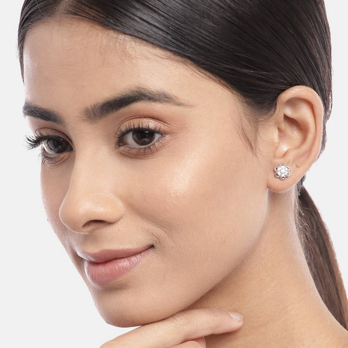 Floral CZ Studded Rhodium Plated 925 Sterling Silver Stud