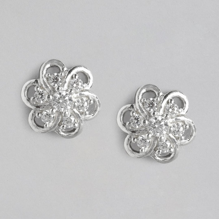 Floral CZ Studded Rhodium Plated 925 Sterling Silver Stud