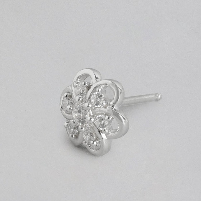 Floral CZ Studded Rhodium Plated 925 Sterling Silver Stud
