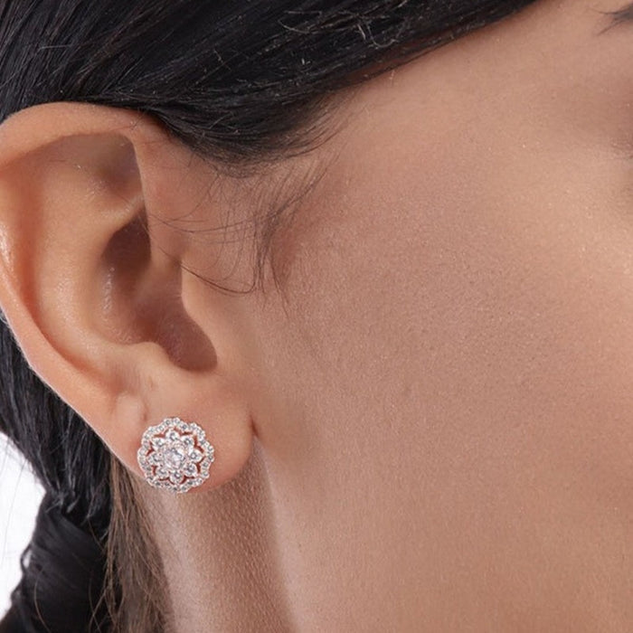 Floral CZ Studded Rose Gold 925 Sterling Silver Stud Earrings