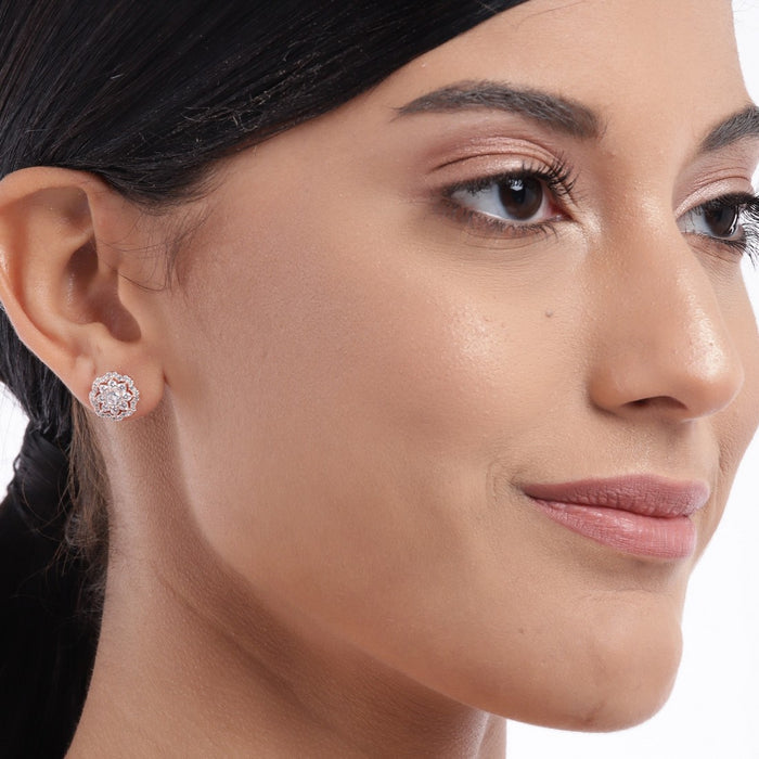 Floral CZ Studded Rose Gold 925 Sterling Silver Stud Earrings