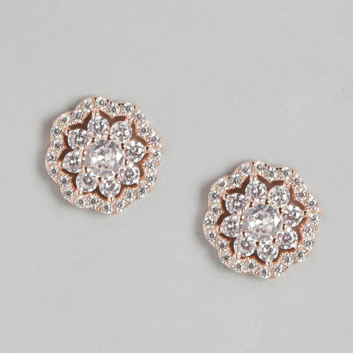Floral CZ Studded Rose Gold 925 Sterling Silver Stud Earrings