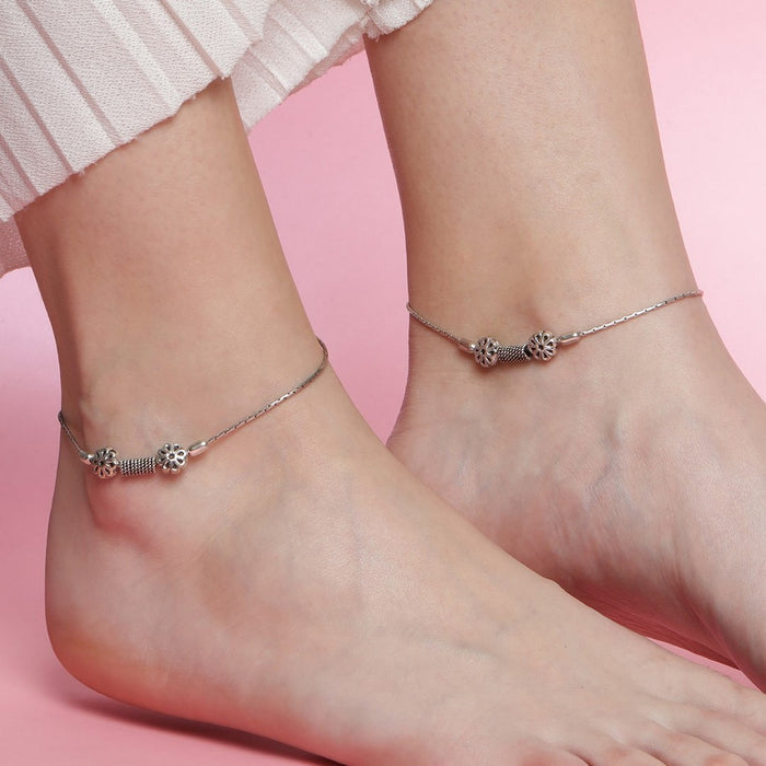 Floral Drop Bead Rhodium Plated 925 Sterling Silver Chain Anklet