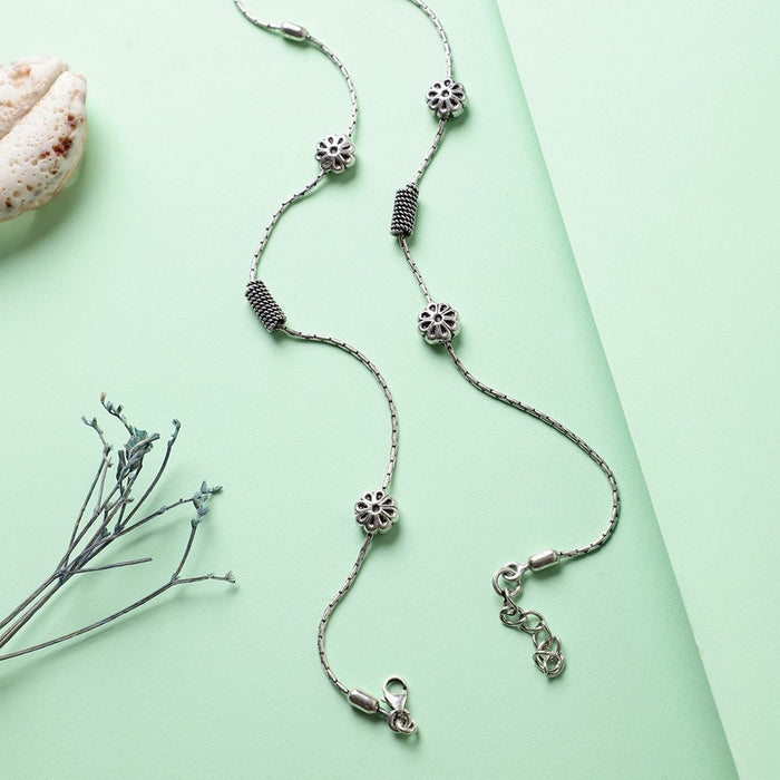 Floral Drop Bead Rhodium Plated 925 Sterling Silver Chain Anklet