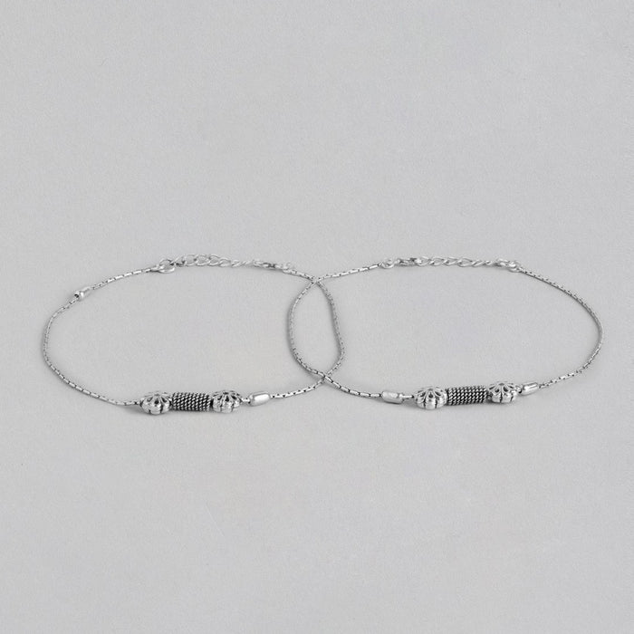 Floral Drop Bead Rhodium Plated 925 Sterling Silver Chain Anklet