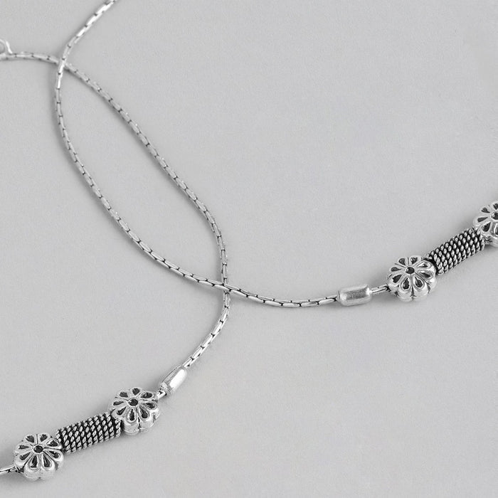 Floral Drop Bead Rhodium Plated 925 Sterling Silver Chain Anklet