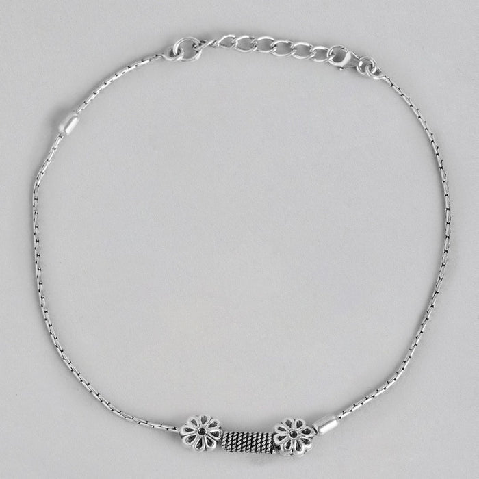 Floral Drop Bead Rhodium Plated 925 Sterling Silver Chain Anklet