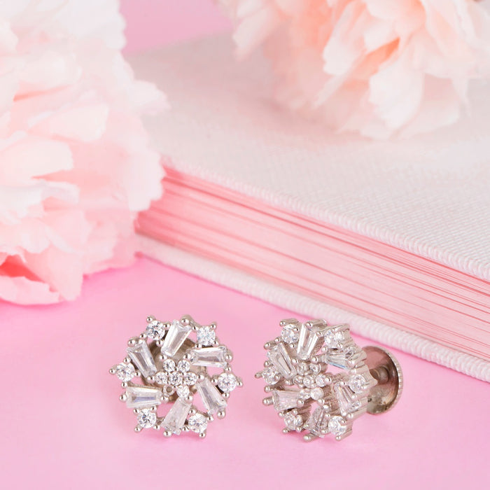 Floral Elegance Rhodium-Plated CZ 925 Sterling Silver Women's Earrings