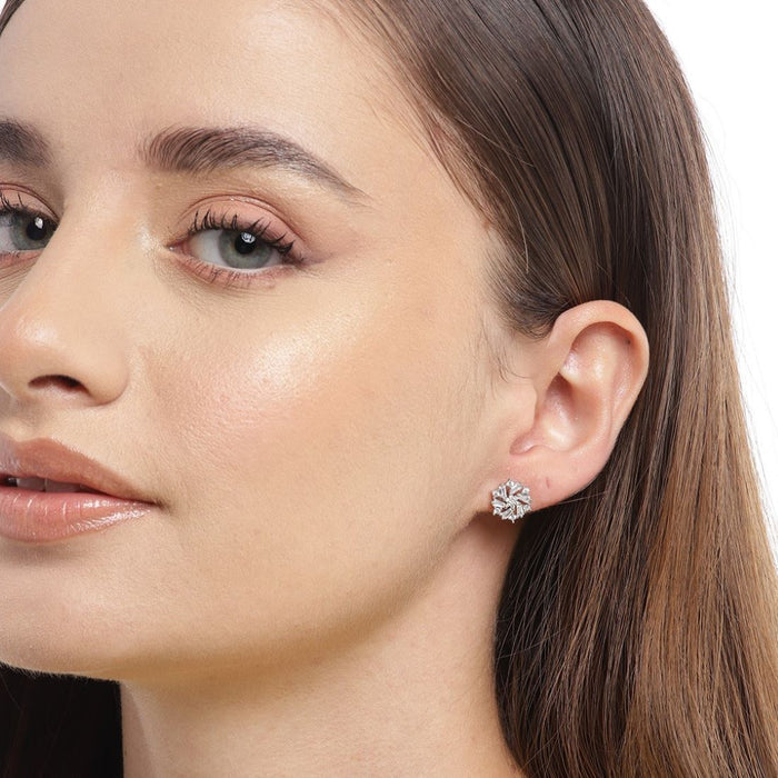 Floral Elegance Rhodium-Plated CZ 925 Sterling Silver Women's Earrings