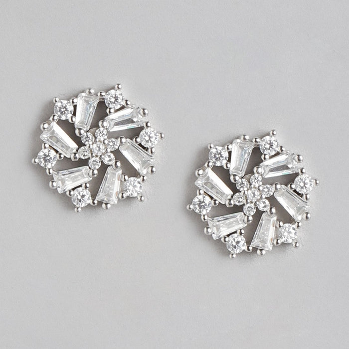 Floral Elegance Rhodium-Plated CZ 925 Sterling Silver Women's Earrings