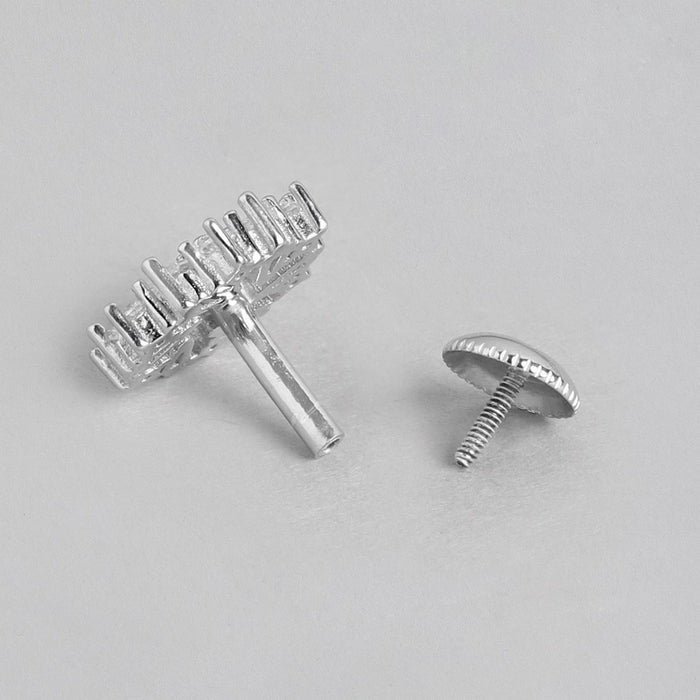 Floral Elegance Rhodium-Plated CZ 925 Sterling Silver Women's Earrings