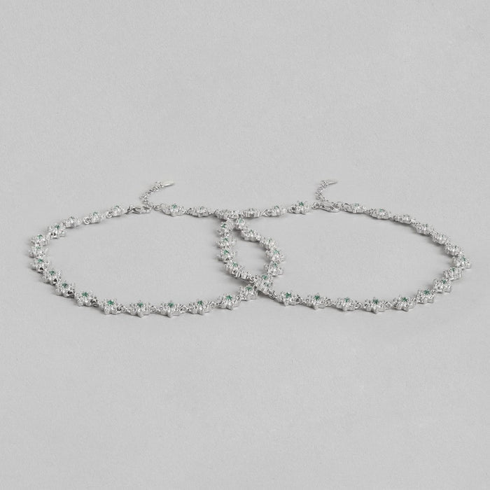 Women's floral 925 Sterling Silver anklet pair with green CZ stones. Elegant fine jewellery – Zavya