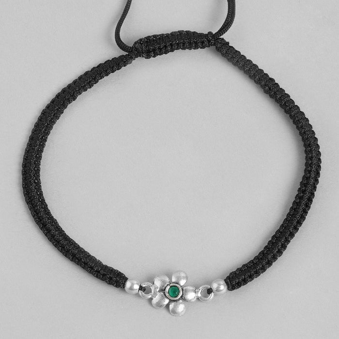 Floral Green Stone Rhodium Plated 925 Sterling Silver Anklet