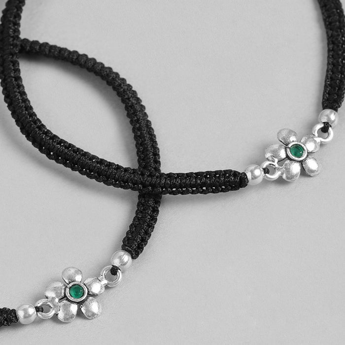 Floral Green Stone Rhodium Plated 925 Sterling Silver Anklet
