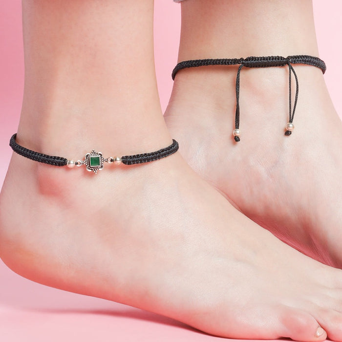 Floral Green Stone Rhodium Plated 925 Sterling Silver Thread Anklet