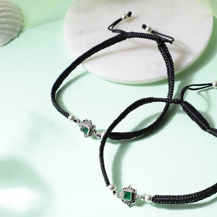 Floral Green Stone Rhodium Plated 925 Sterling Silver Thread Anklet