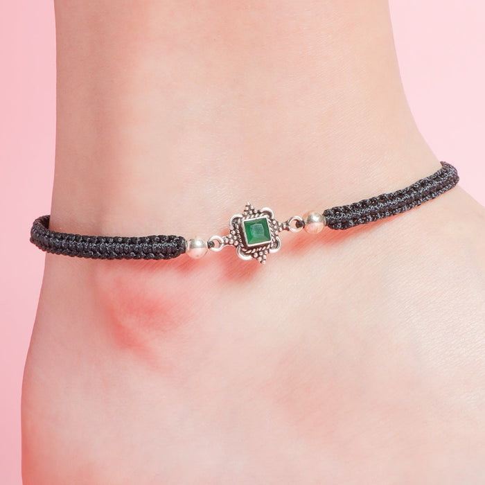 Floral Green Stone Rhodium Plated 925 Sterling Silver Thread Anklet