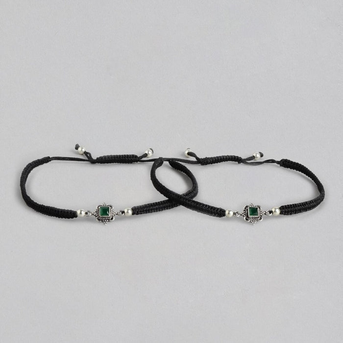 Floral Green Stone Rhodium Plated 925 Sterling Silver Thread Anklet
